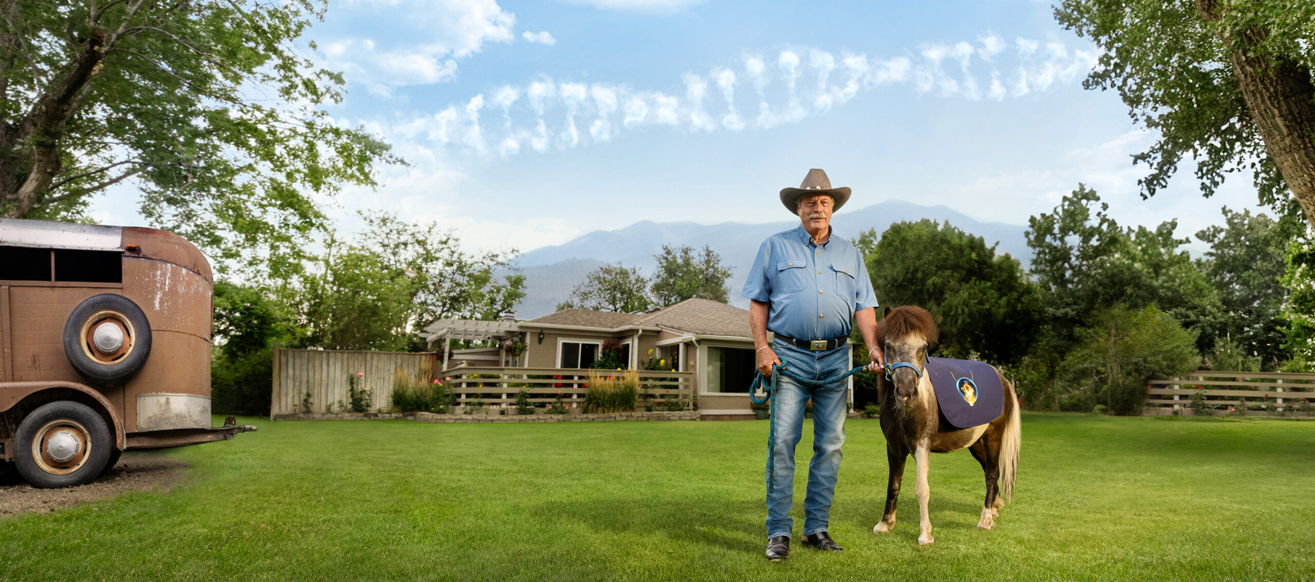 Header image of a man walking with a horse, plus ADSTILADRIN genie